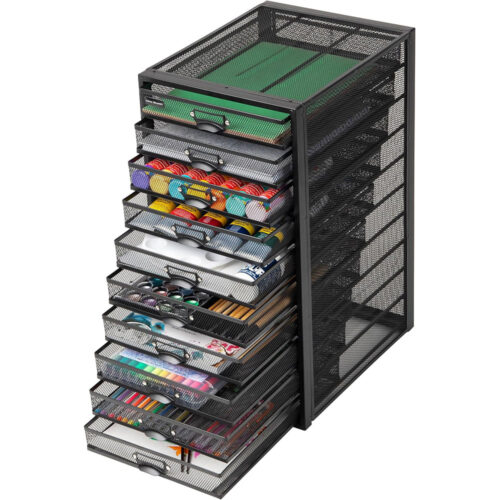 10-Drawer Metal Mesh Desk Organizer – Multi-Level Storage for Office Supplies & Documents (Black)
